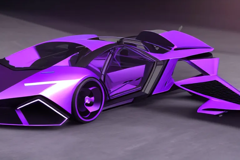 Image similar to cyberpunk purple lamborghini concept inspired sports car, futuristic look, highly detailed body, very expensive, photorealistic camera shot, bright studio setting, studio lighting, crisp quality and light reflections, unreal engine 5 quality render
