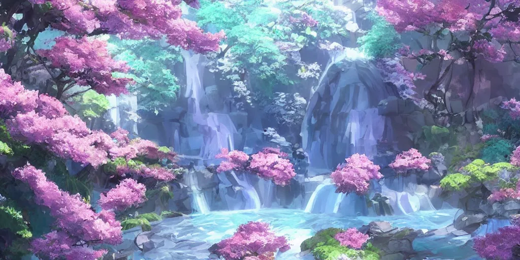 Prompt: a beautiful sakura garden waterfall, ethereal, aesthetic, in the style of studio ghibli and toei, trending on artstationhq