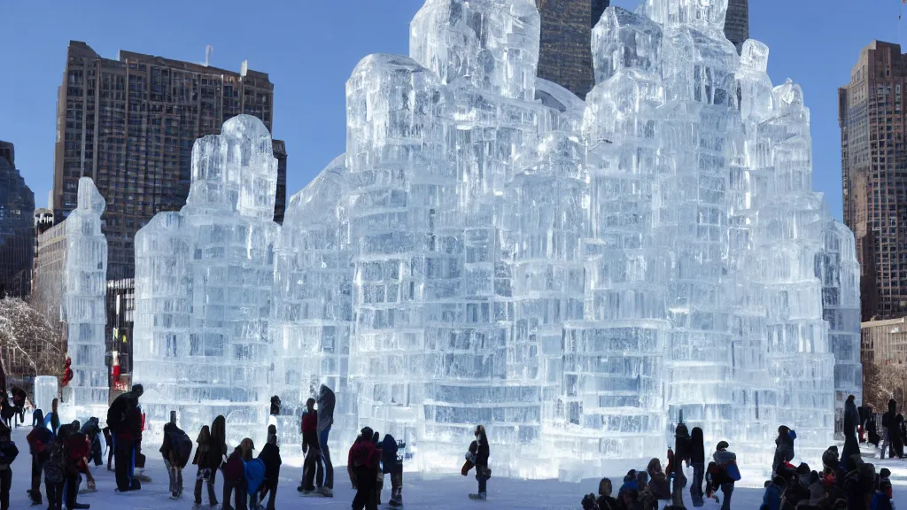 Prompt: a giant highly detailed ice sculpture of a brave super hero, people are ice skating around it, ice rinks, elegant.