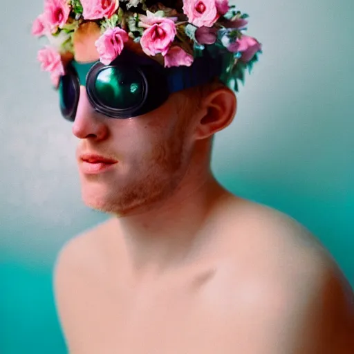 Image similar to close up kodak portra 4 0 0 face portrait photograph of a skinny guy with blonde hair submerged in a elegant tub of white milk, aerial view, wearing cyber goggles, flower crown, moody lighting, telephoto, 9 0 s vibe, blurry background, vaporwave colors, dream aesthetic, dreamy aesthetic, faded!,