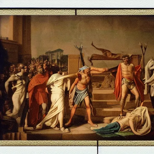 Prompt: a Polaroid photo of the death of Julius Caesar in ancient Rome