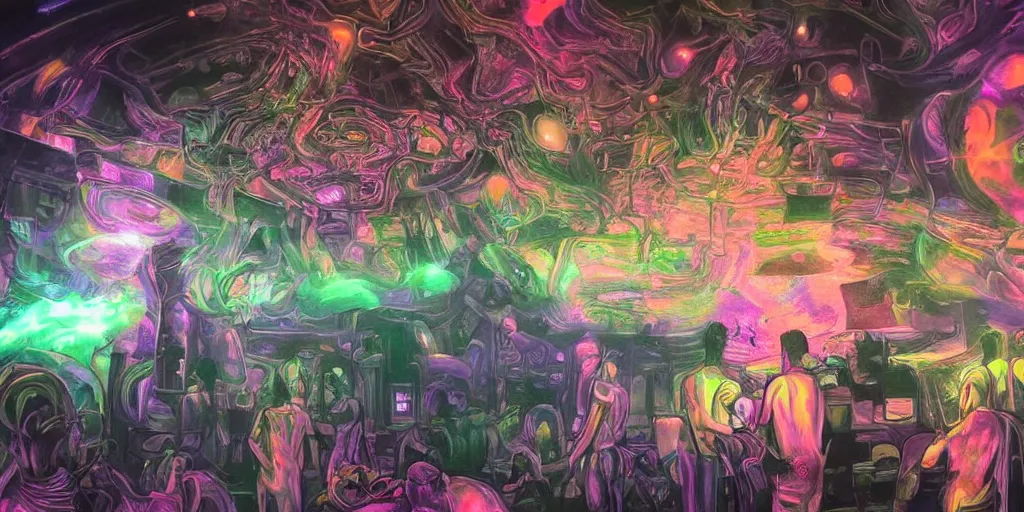 Image similar to art, groups of androids with glowing blacklight bodies, from behind, rebirth, beauty, wide angle, elaborate, wet, highly detailed, smoke, steam, reflections, vivid colors, beautiful lighting