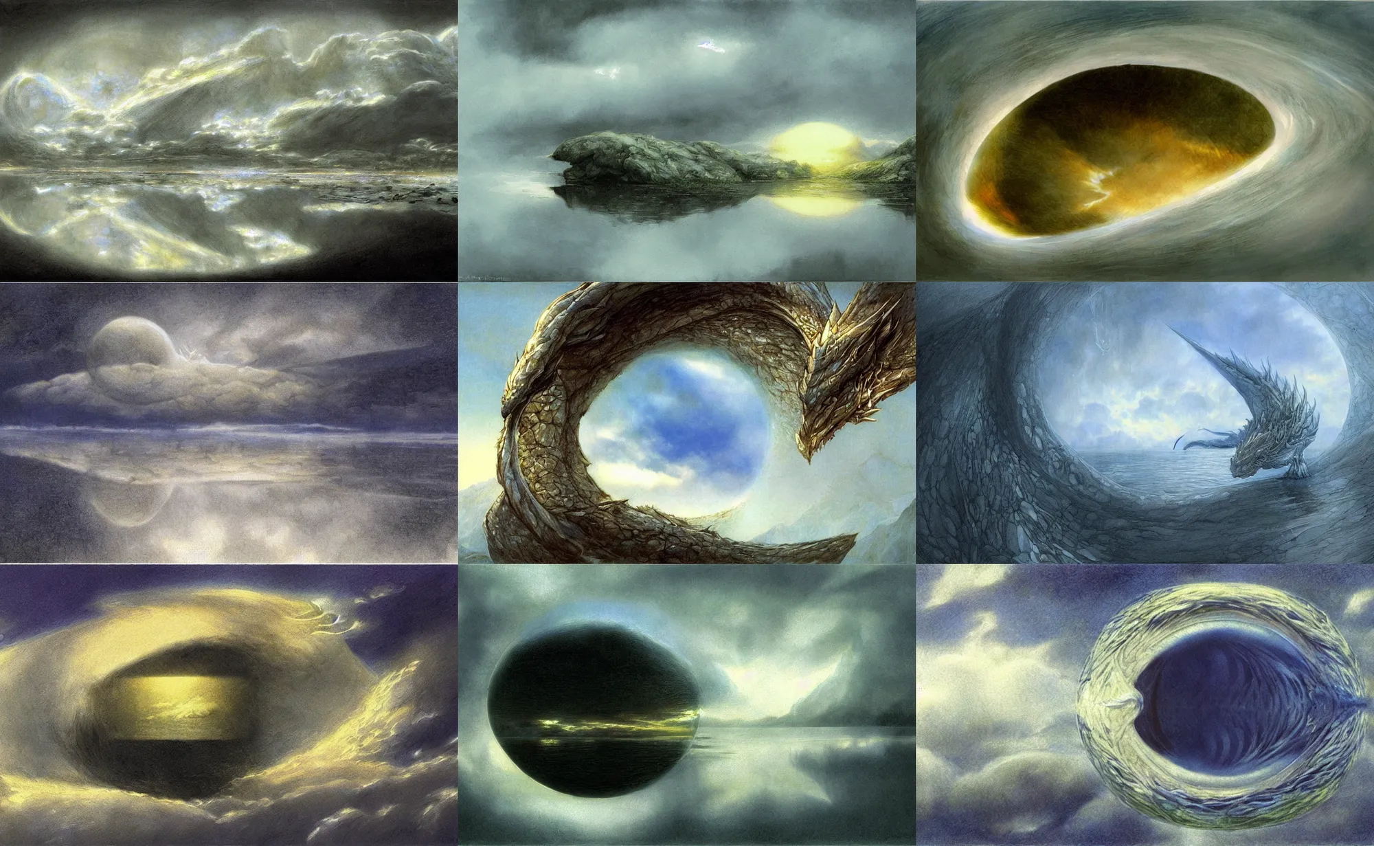 Prompt: a mirror scaled dragon eye reflecting clouds, by alan lee, digital art, art station.