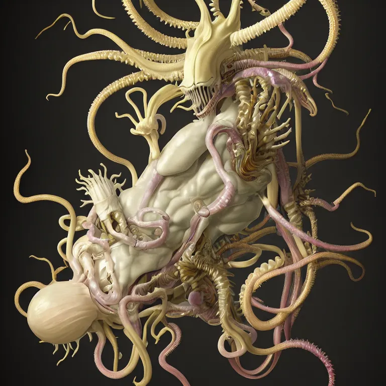 Image similar to still life of white xenomorph, beautiful pastel color tropical flowers, glossy metallic human spine, spiky tentacles, human body parts, colorful mold, baroque painting, beautiful detailed intricate insanely detailed octane render, 8K artistic photography, photorealistic, perfect composition, golden ratio, chiaroscuro, Raphael, Caravaggio