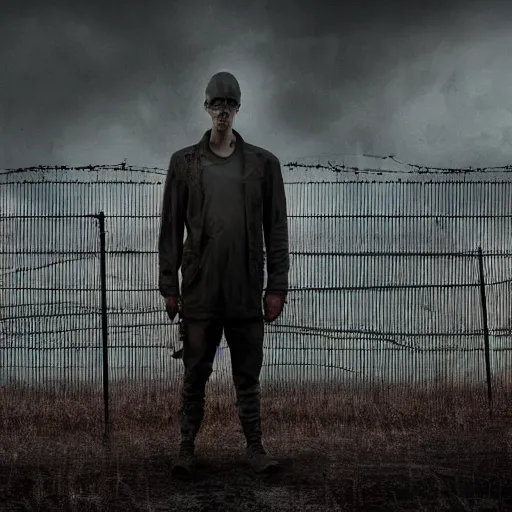 Prompt: a dystopian matte painting of a scared man standing in front of a fence with barbed wire, by jeffrey smith, tim biskup, behance contest winner, wallpaper, digital illustration