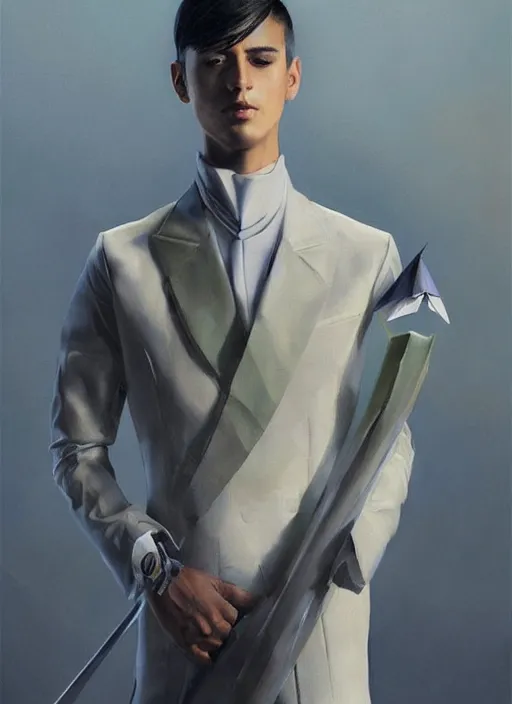 Prompt: a professional painting of a beautiful young prince, wearing an origami high fashion tuxedo, olive skin, buzzed short dark hair, beautiful bone structure, symmetrical facial features, intricate, elegant, digital painting, concept art, smooth, sharp focus, illustration, from Metal Gear, by Ruan Jia and Mandy Jurgens and Artgerm and William-Adolphe Bouguerea