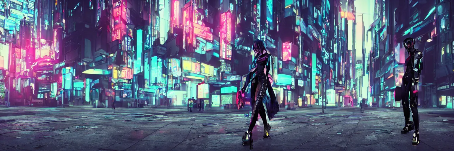 Image similar to a cyberpunk fashion girl wearing street urban futuristic cyberpunk clothing walking in a cyberpunk street inspired by ghost in the shell there are advertising holograms and neon signs in the street and a neon mecha robot with decals all over it, 3d scene, render, ultra realistic, ray tracing, night time, volumetric light, artstation, cgsociety, level design, unreal engine, 3d scene, zenith view