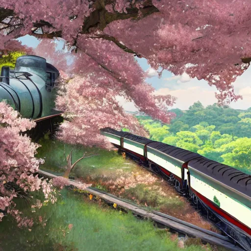 Image similar to concept art painting of a historic transverse view of a steam train, the train carries a cherry tree in flower, realistic, detailed, cel shaded, in the style of makoto shinkai and greg rutkowski and james gurney