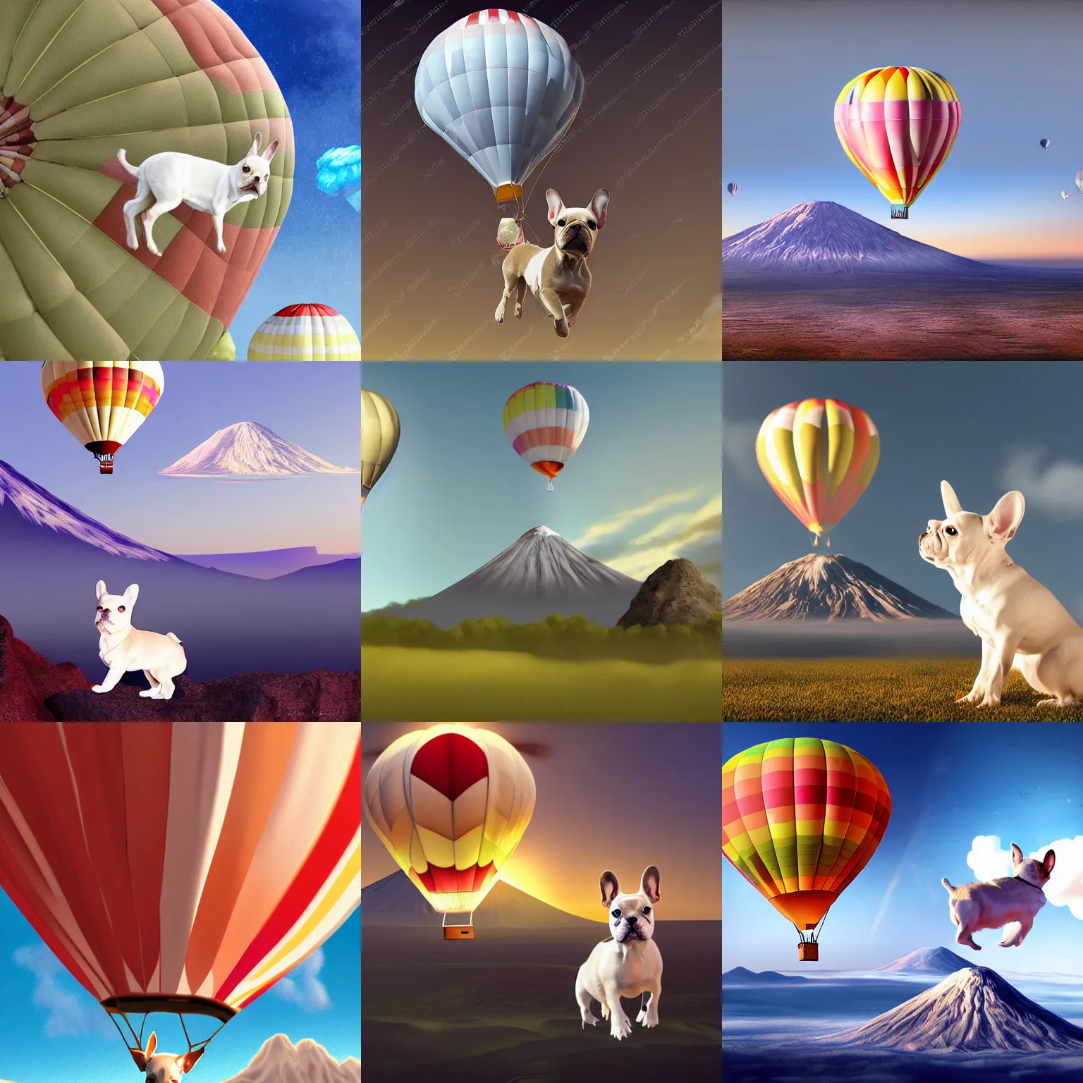 Prompt: a white fawn French bulldog, in a hot air balloon over an active volcano, photorealistic illustration , digital art