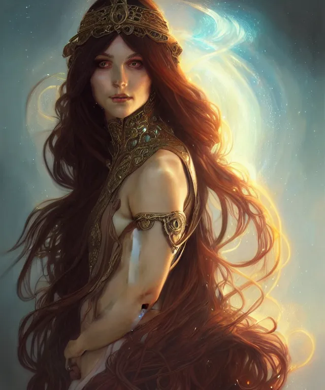 Image similar to A fantasy magic woman portrait, sci-fi, amber eyes, face, long hair, fantasy, intricate, elegant, highly detailed, digital painting, artstation, concept art, smooth, sharp focus, illustration, art by artgerm and greg rutkowski and alphonse mucha