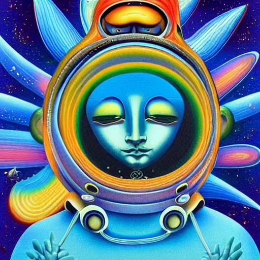 Image similar to psychedelic astronaut attaining enlightenment in the style of octavio ocampo naoto hattori, cg society, trending on artstation, award winning