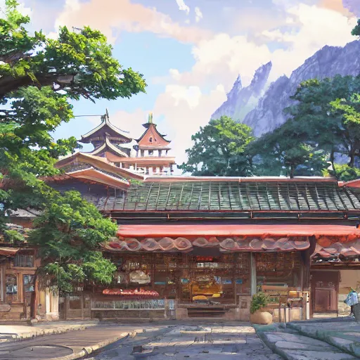 Image similar to concept art painting of a historic bakery with european and japanese architecture, surrounded by trees and mountains, realistic, detailed, cel shaded, in the style of makoto shinkai and greg rutkowski and james gurney