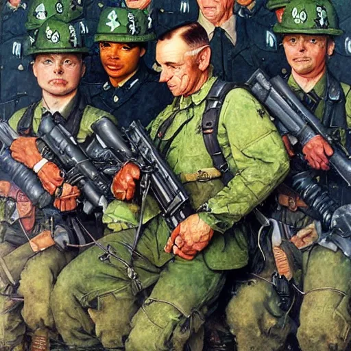 Image similar to soldier and comrads and pepe the frog by norman rockwell