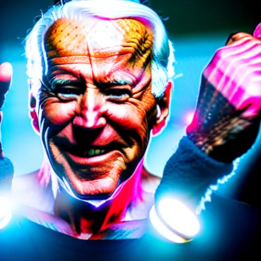 Prompt: uhd candid photo of cosmic joe biden as buu powering up, glowing, global illumination, studio lighting, radiant light, hyperdetailed, correct face, elaborate intricate costume. photo by annie leibowitz