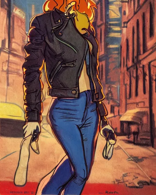 Image similar to young female protagonist in leather jacket, city street, artwork by ralph bakshi