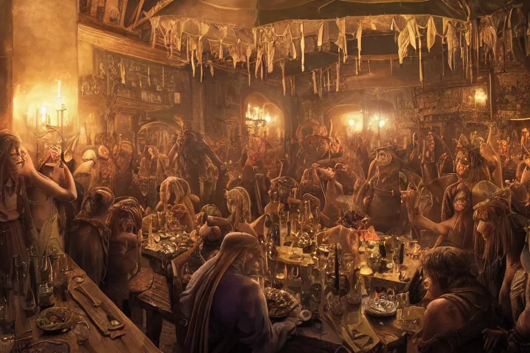 Image similar to Beautiful hyperrealistic detailed matte portrait painting of a 20s fantasy goblin party in ekanite bar that looks like it's from lord of the rings and bazaar by greg rutkowski, andreas rocha and john howe, and Martin Johnson Heade,featured on artstation, ultrawide angle,f16 , golden ratio, f32, well composed, cohesive