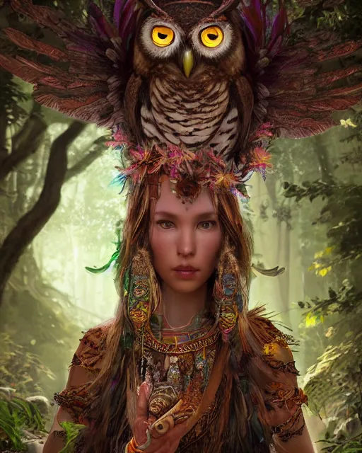 Prompt: Beautiful art portrait of a female fantasy owl shaman in a bright temple surrounded by lush forest, atmospheric lighting, intricate detail, cgsociety, hyperrealistic, octane render, RPG portrait, ambient light, dynamic lighting,