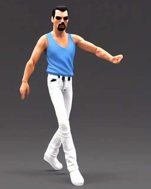 Image similar to full body 3 d render of freddie mercury, white tank top blue jeans as a funko pop!, four, studio lighting, white background, single body, no shadow, blender, trending on artstation, 8 k, highly detailed