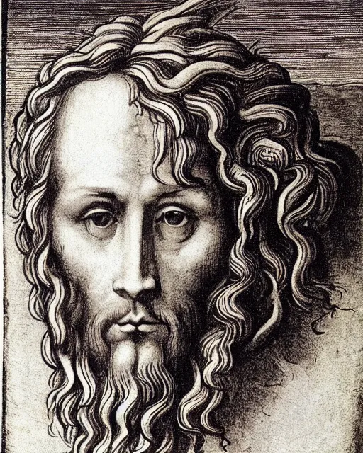 Image similar to four faces in one creature, eagle beak, lion mane, two large horns on the head, jesus face, drawn by da vinci. symmetrical