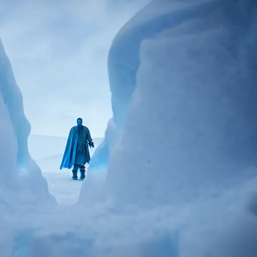 Image similar to large cloudy ice block with blue person inside on snow in game of thrones, 4 k, epic, cinematic, focus, movie still, fantasy, extreme detail, atmospheric, dark colour, sharp focus