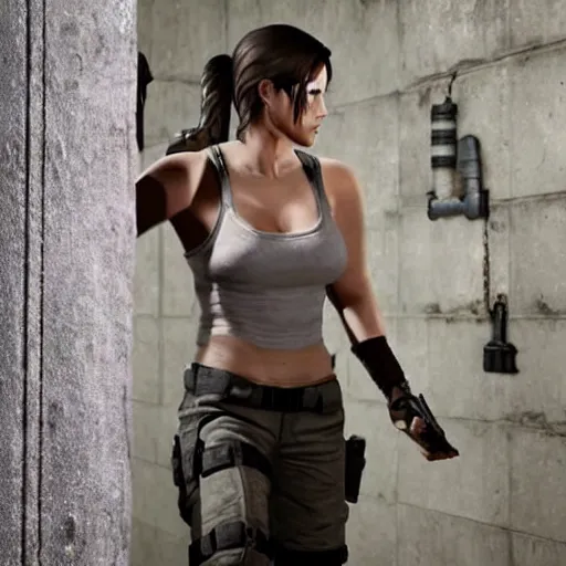 Prompt: lara croft in a prison cell wearing a prison outfit.