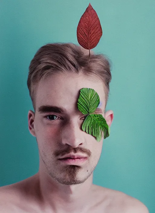 Prompt: a fashion portrait photograph of a man with a leaf on his face designed by stanley kubric, pastel colors, 3 5 mm, color film camera, studio lighting, pentax