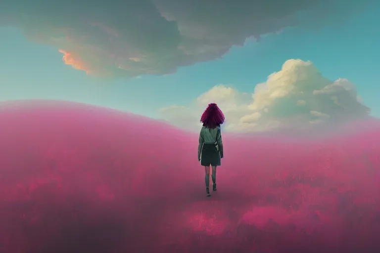 Image similar to giant dahlia flower as the head, girl walking on mountain, surreal photography, pink storm clouds, dramatic light, impressionist painting, digital painting, artstation, simon stalenhag