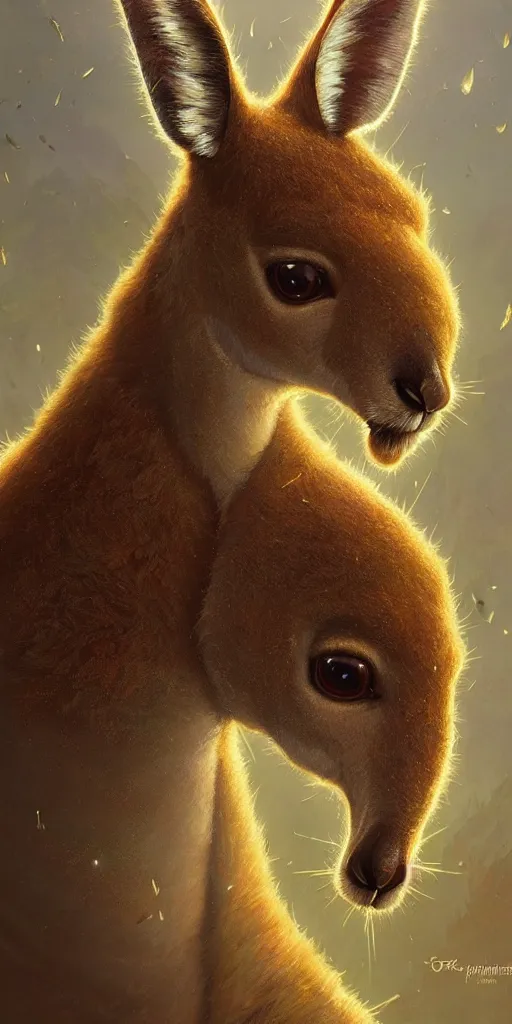 Image similar to Highly detailed portrait of a Kangaroo wearing a Crown, Stephen Bliss, unreal engine, fantasy art by Greg Rutkowski, Loish, Rhads, ferdinand knab, Makoto Shinkai and Lois van baarle, ilya kuvshinov, rossdraws, Tom Bagshaw, alphonse mucha, global illumination, radiant light, detailed and intricate environment