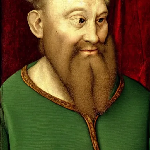 Prompt: detailed renaissance portrait painting of gentleman dwarf with green wearing brown tuxedo