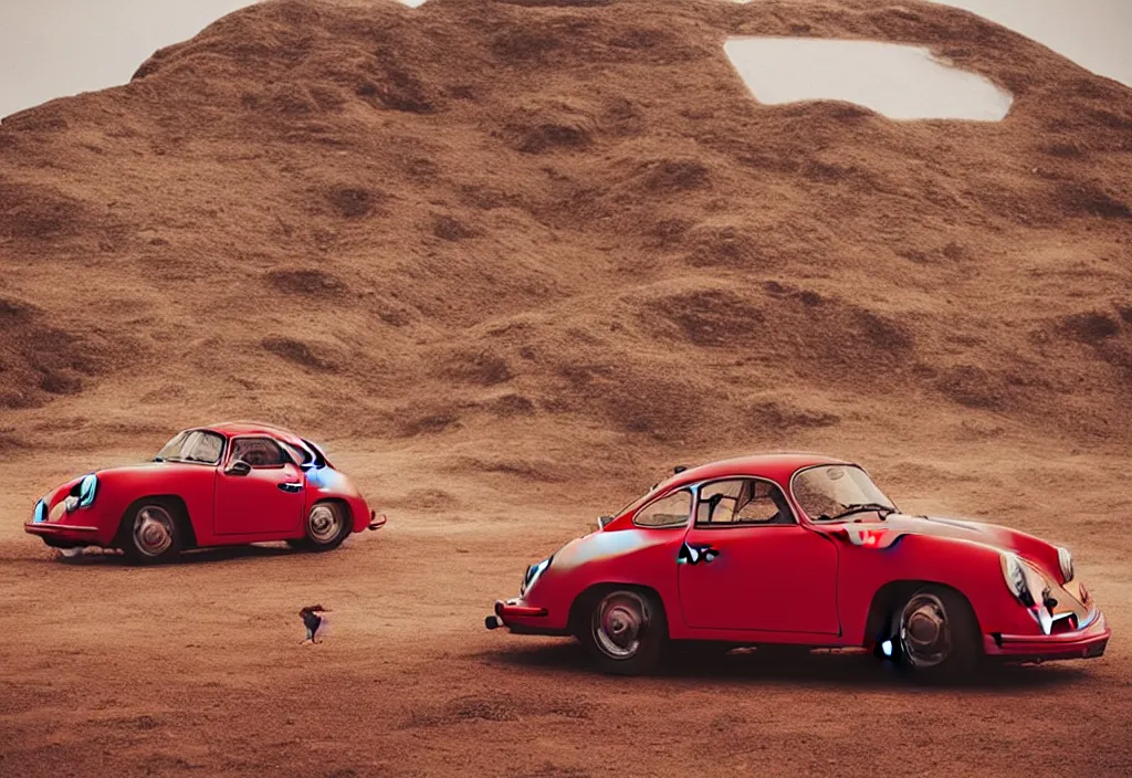 Prompt: “a singular red porsche 356 is parked in the middle of the desert, a matte painting by Scarlett Hooft Graafland, featured on unsplash, australian tonalism, anamorphic lens flare, cinematic lighting, rendered in unreal engine”