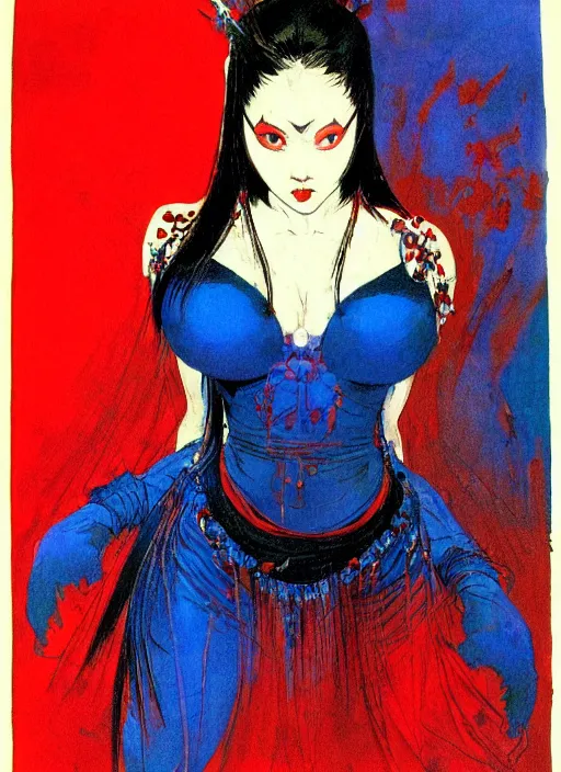 Image similar to portrait of muscular korean vampiress, jeweled veil, blue and red, strong line, saturated color, beautiful! coherent! by frank frazetta, high contrast, minimalism