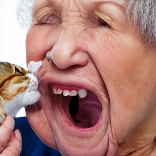 Image similar to an old woman opening her mouth wide and swallowing a cat