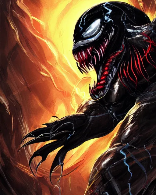 Image similar to venom as the flash, dynamic lighting, fantasy concept art, trending on art station, stunning visuals, creative, cinematic, ultra detailed, comic strip style