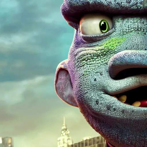 Image similar to mr. bean godzilla super mario pickle rick yoda donkey kong pikachu yeti shrek spongebob homer groot kermit in gears of war, splash art, movie still, detailed face, photorealistic facial features, cinematic lighting, dramatic, octane render, long lens, shallow depth of field, bokeh, anamorphic lens flare, 8 k, hyper detailed, 3 5 mm film grain