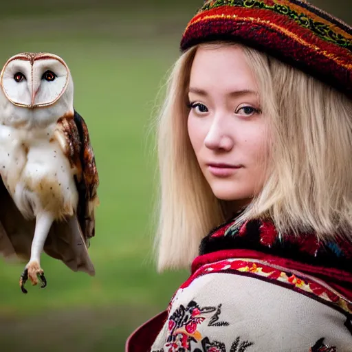 Image similar to portrait photograph shot on petzval lens of an extremely beautiful!!!! young blonde female with symmetric face posing. with a very detailed barn owl!!!!! on her shoulder. wearing mongolian traditional outfit in iceland. shallow depth of field. featured on flickr, art photography,