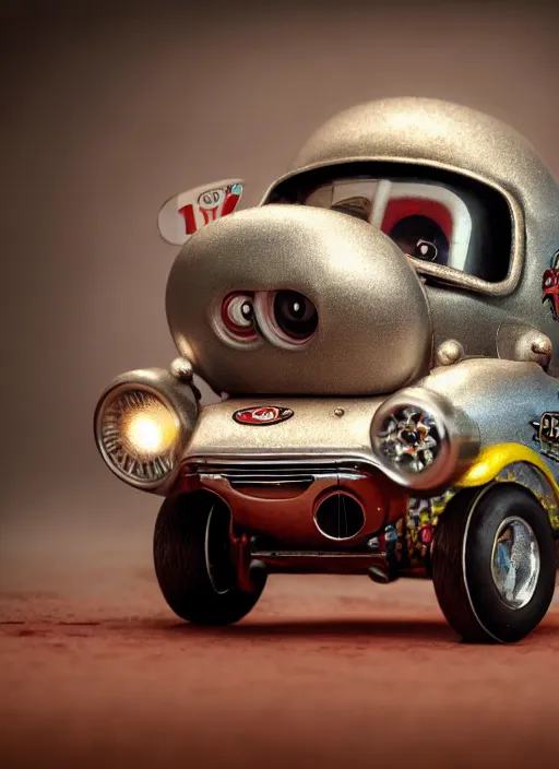 Image similar to highly detailed closeup portrait of a cute tin toy retro racing car, nicoletta ceccoli, mark ryden, lostfish, earl nore, hyung tae, frank frazetta, global illumination, god rays, detailed and intricate environment