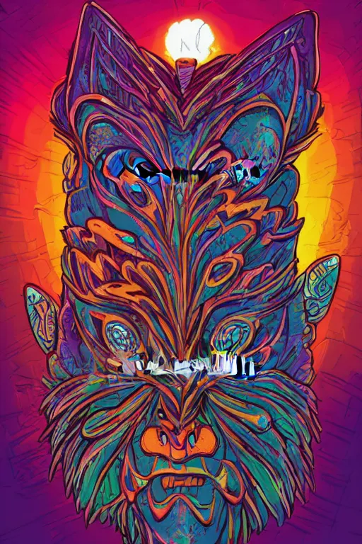 Image similar to totem animal mask tribal feather gemstone plant wood rock shaman vodoo video game vector illustration vivid multicolor borderlands comics by josan gonzales and dan mumford radiating a glowing aura