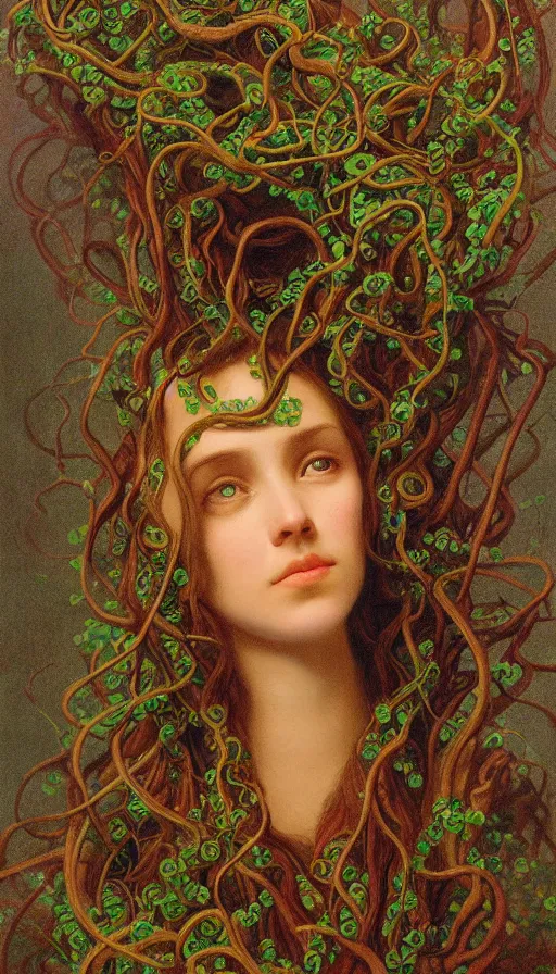 Prompt: very detailed portrait of a 2 0 years old girl surrounded by tentacles, the youg woman visage is blooming from fractal and vines, by albert bierstadt,