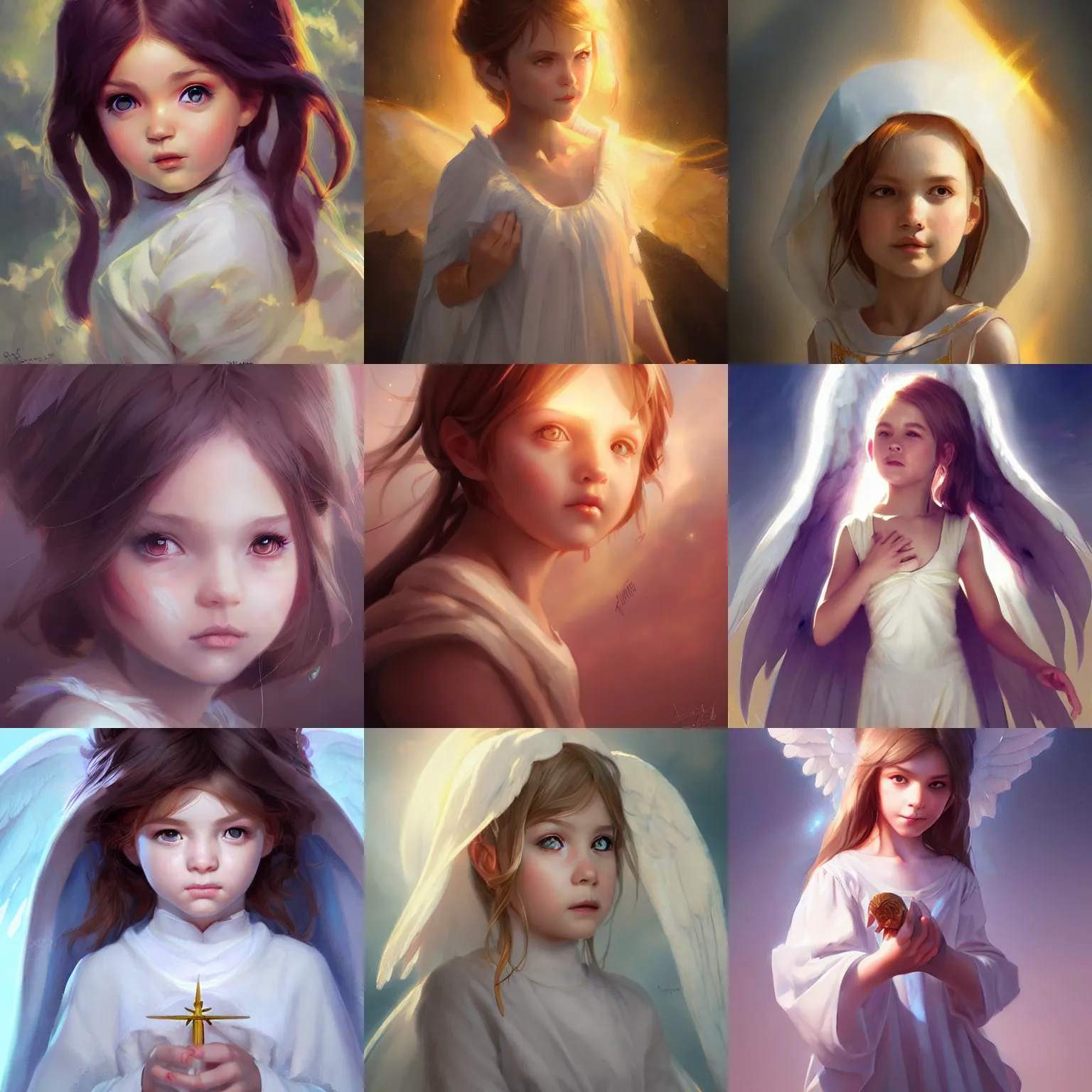 Prompt: portrait of a holy angelic little girl, heavenly rays, art by artgerm and greg rutkowski and sakimichan, trending on artstation