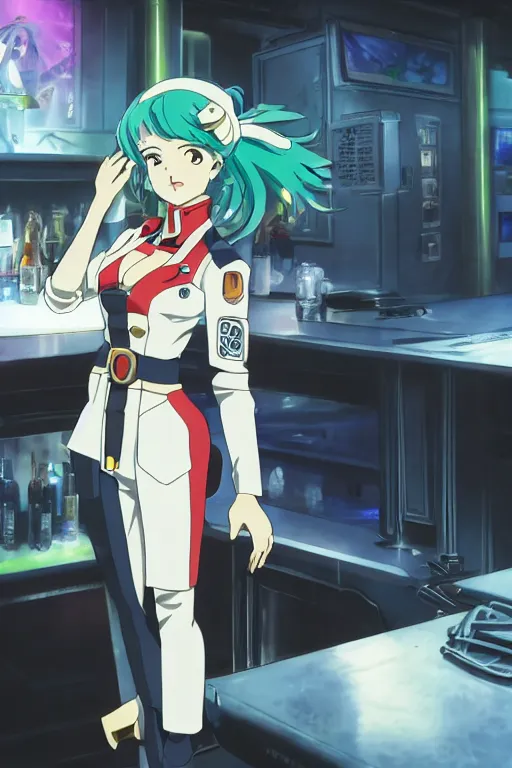 Prompt: Key anime visual; portrait of a charming cyborg bartender, official media, robotech macross 2010s anime series, rule of thirds, 8K HD, sharp, digital still, trending on pixiv, anime production by tatsunoko, om-d e-m5 mark iii