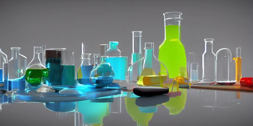 Image similar to instruments being used to mix chemicals, scientist, blender, 3d, apartment