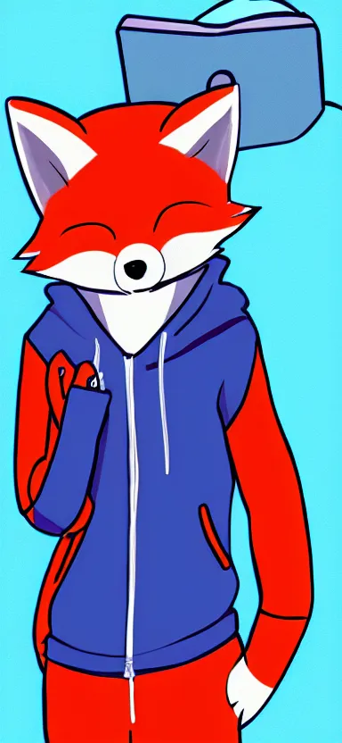 Image similar to a concept art of anthropomorphic fox in a blue hoodie hacking a portable computer, artstation, digital art, oc commission, style by studio gainax