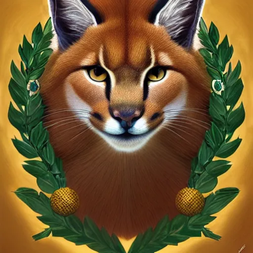 Image similar to laurel wreath on a top of a head of cute fluffy caracal, photography of kurzgesagt, deep focus, d & d, fantasy, intricate, elegant, highly detailed, digital painting, artstation, concept art, matte, sharp focus, illustration, hearthstone, art by artgerm and greg rutkowski and alphonse mucha