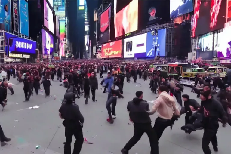 Prompt: android cannibals attacking people in times square security camera footage