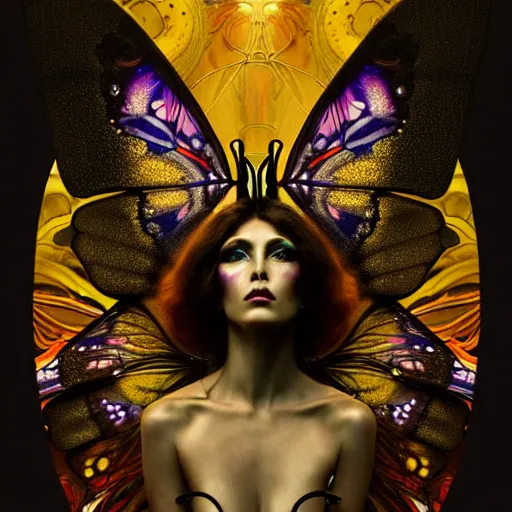 Prompt: extremely psychedelic beautiful cyborg queen of lsd infected by night. intricate, elegant, highly detailed, extremely lifelike photorealistic digital painting, artstation. steichen, gaston bussiere, tom bagshaw, cyberpunk alphonse mucha. elegant minimalism. anatomically correct. sultry murderous rage. sharp focus. gold and black transparent butterfly wings. lifelike