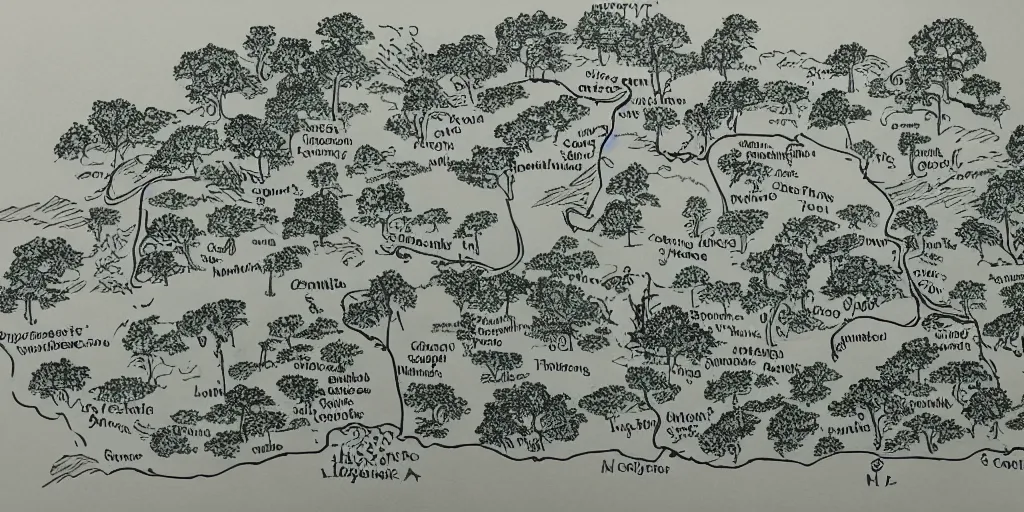 Prompt: A hand drawn map of the great forest