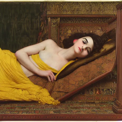 Image similar to portrait reclining on bed, hybrid of judy garland and camilla belle, aged 2 5, brown fringe, wide shot, yellow ochre ornate medieval dress, john william waterhouse, kilian eng, rosetti, john everett millais, william holman hunt, william morris, 4 k