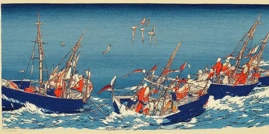 Prompt: three modern fishing boats hauling tuna with their nets, Full color woodblock print by Hiroshi Yoshida showing