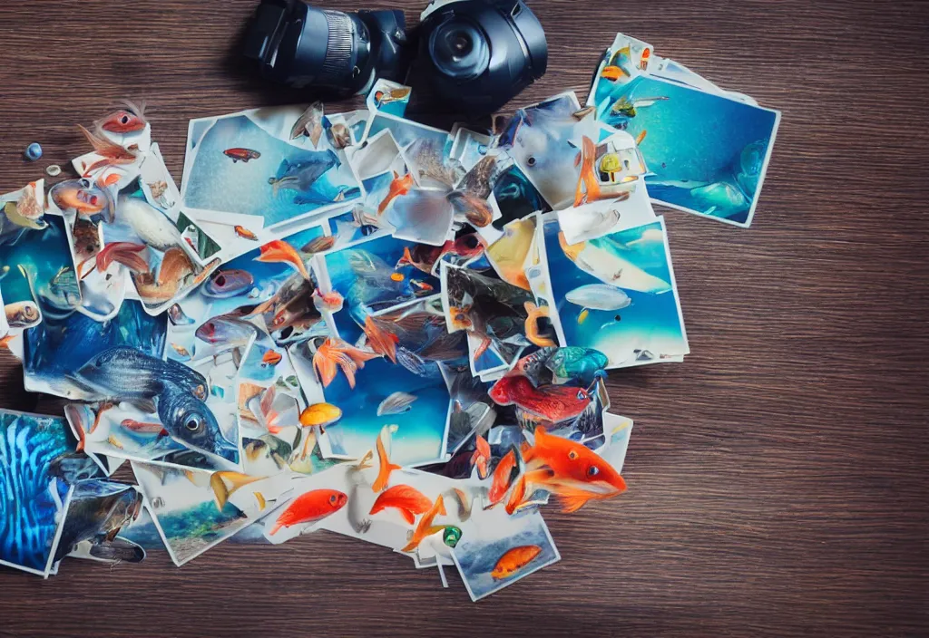 Image similar to fishes popping out of curved movie screen, fishes floating in bedroom, volumetric lighting, sleeping, pair of keycards on table, bokeh, creterion collection, shot on 7 0 mm, instax