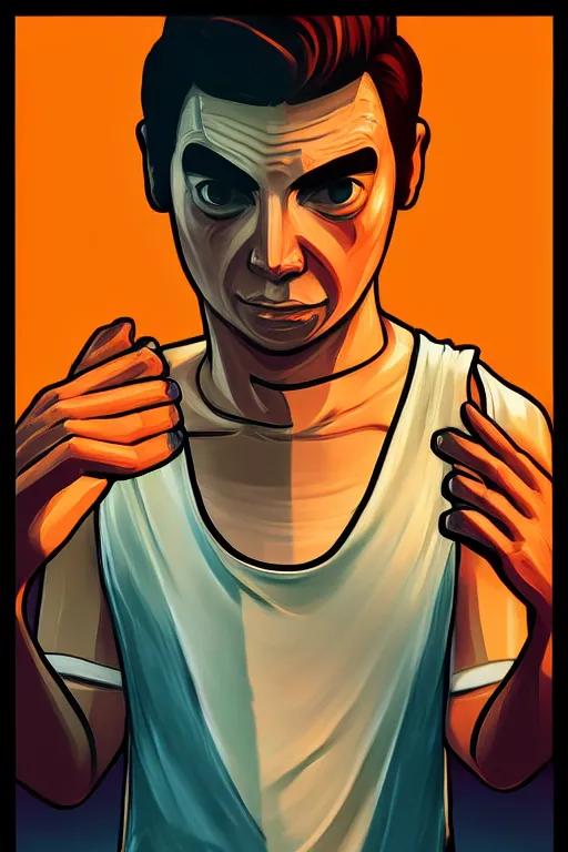 Prompt: boy with singlet and towel on shoulder. grand theft auto chinatown art style, bioshock art style pop art, no duplicate image, glowing lights, ultra details, digital painting, artstation, concept art, smooth, sharp focus, illustration, intecrate details, art by richard hamilton and mimmo rottela, pixels art by paul robertson